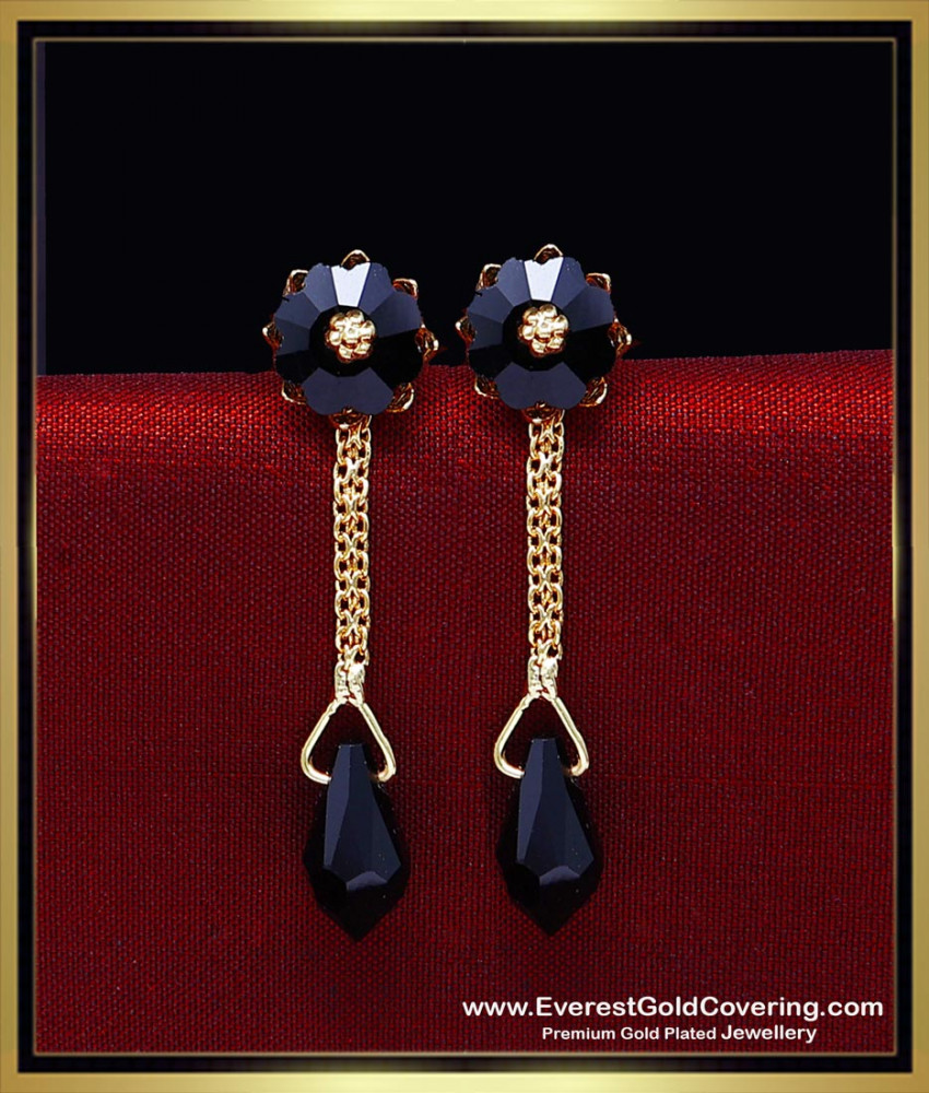 ERG2440 - New Black Stone with Crystal Long Gold Plated Earrings