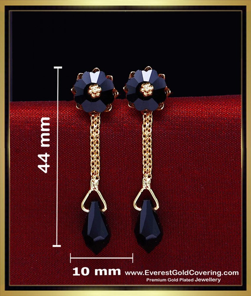 ERG2440 - New Black Stone with Crystal Long Gold Plated Earrings