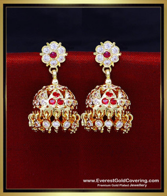 ERG2469 - Premium Quality Impon White and Ruby Jhumka Earrings