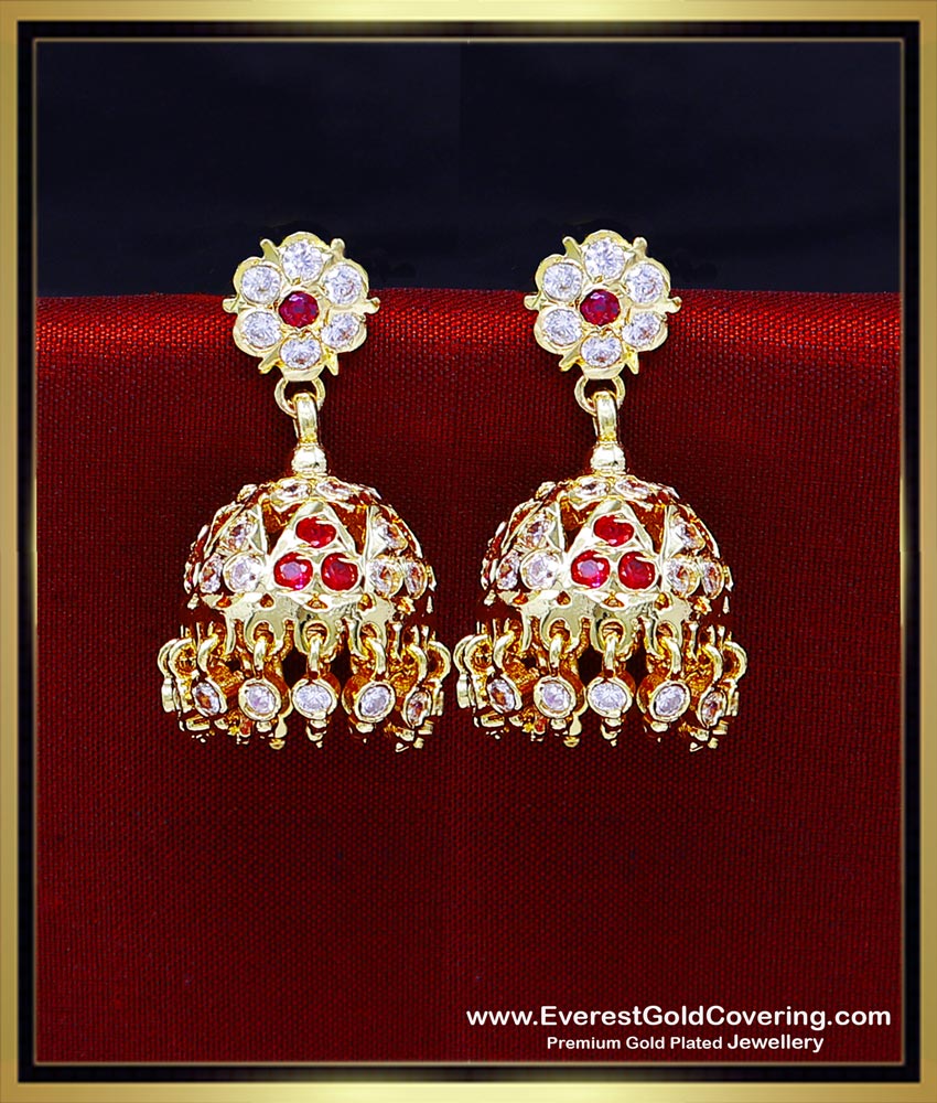 ERG2469 - Premium Quality Impon White and Ruby Jhumka Earrings