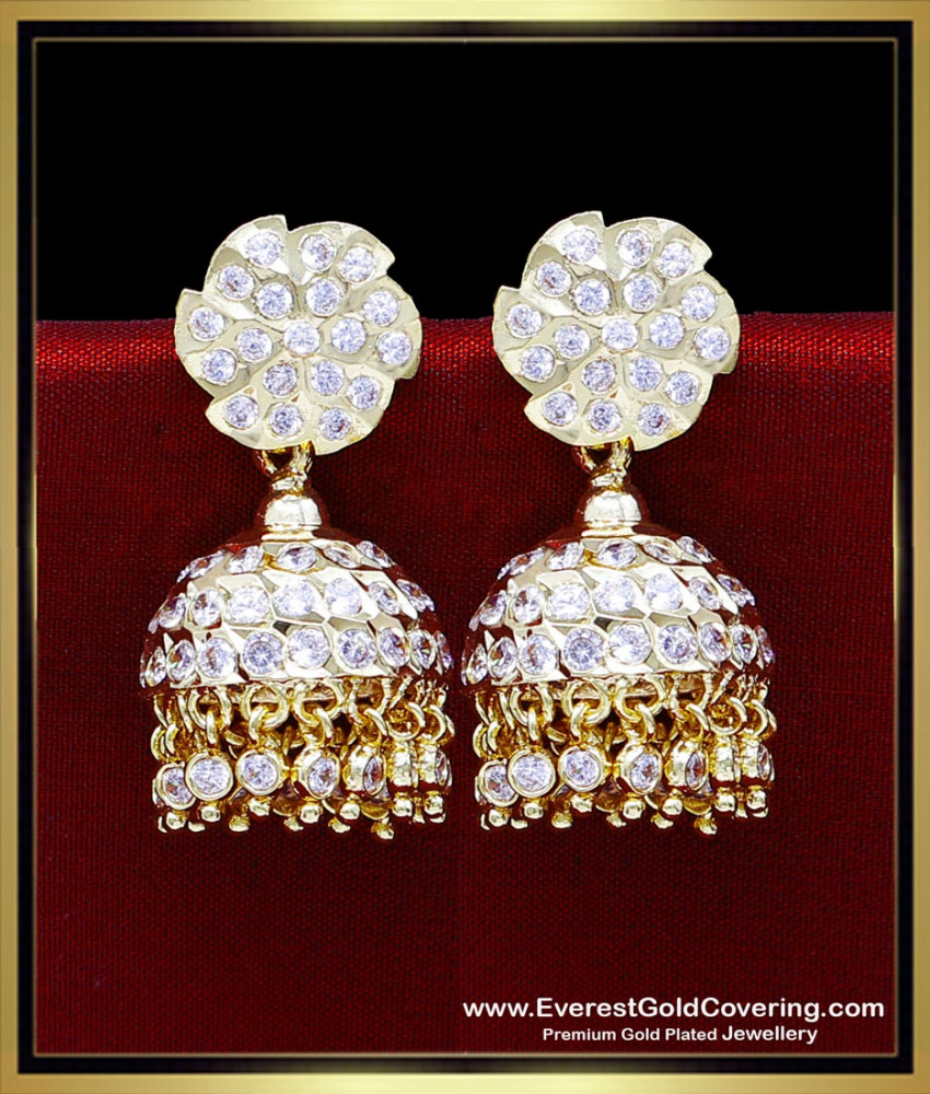 ERG2473 - Bridal Wear Gold Earring Model Impon White Stone Jhumkas
