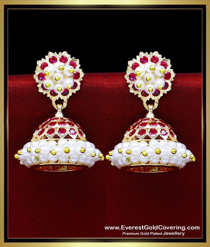 ERG2475 - First Quality Impon Ruby Stone with Pearl Jhumka Earrings
