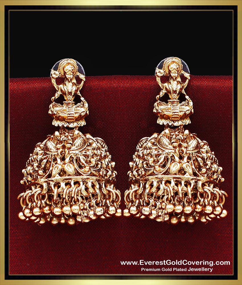 ERG2493 - Trendy Heavy Antique Lakshmi Jhumkas Gold Design