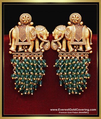 ERG2496 - Latest Elephant Design Antique Green Beads Earrings