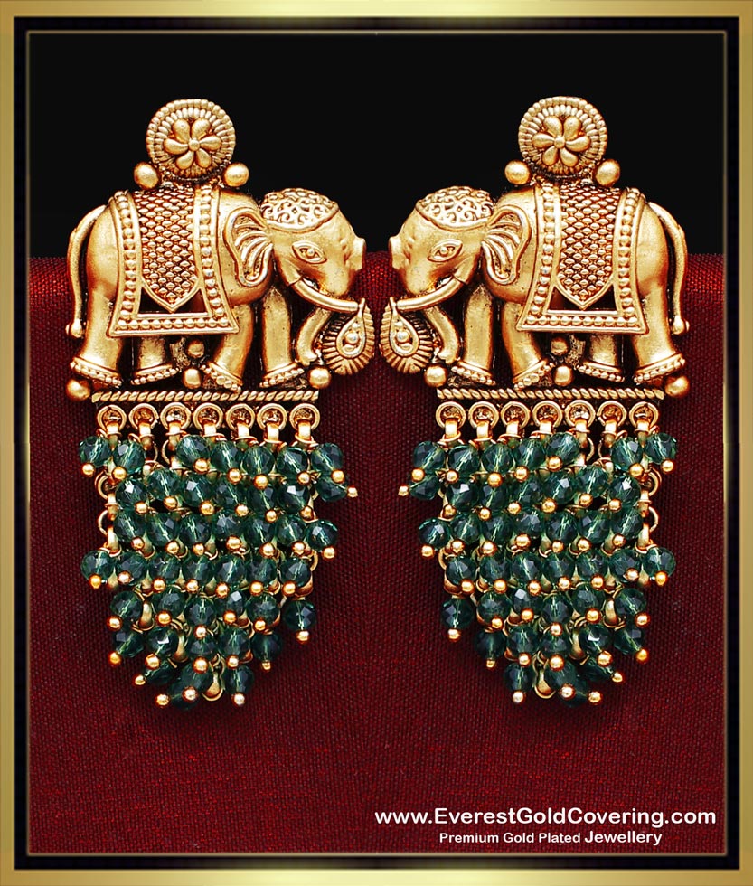ERG2496 - Latest Elephant Design Antique Green Beads Earrings