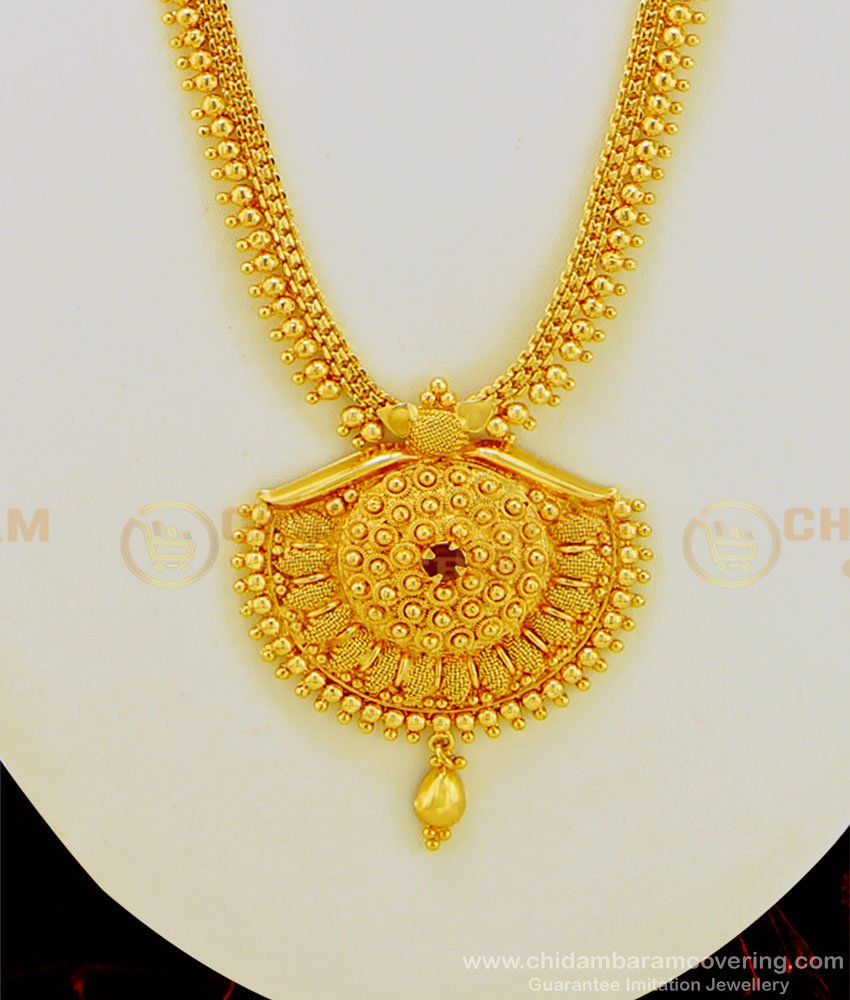 HRM469 - Bridal Wear Single Ruby Stone Gold Beads Haram Gold Plated Jewellery Online