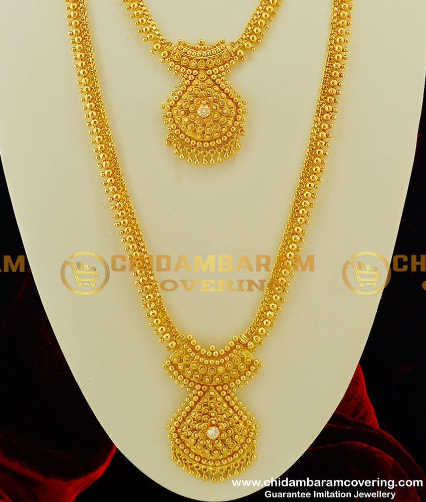 HRM219 - One Gram Gold Full Golden Bead Work White Stone Semi Bridal Haram Set for Wedding