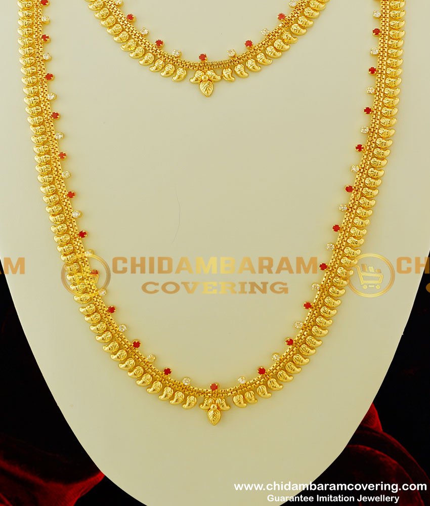 HRM236 - Full Stone Mango Design Semi Bridal Haram Necklace Combo Set One Gram Gold Jewellery for Wedding