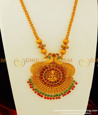 HRM240 - Latest Gold Matte Finish Kemp Stone Peacock Lakshmi Pendant Temple Haram Design Buy Online