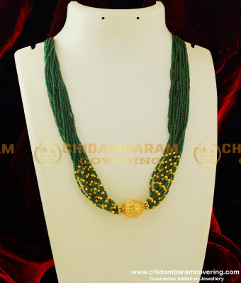 HRM241 - Trendy Gold Tone Green Beaded Multi Stranded Necklace Designer Emerald Beads Mala Haram Online