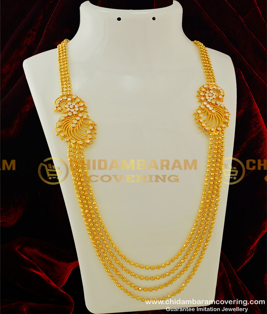 HRM251 - Latest Multilayer American Diamond Double Side Mugappu Gold Balls Haram Online