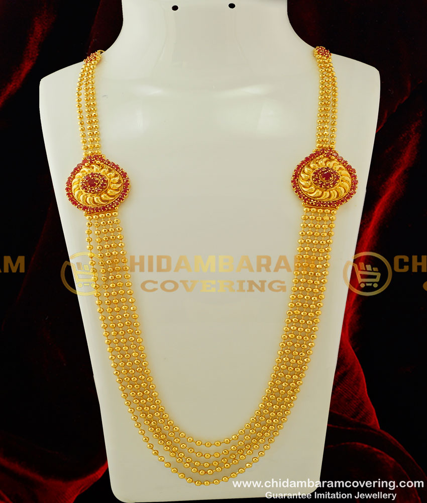 HRM252 - Trendy Gold Design Ruby Stone Side Pendant Multi Layered Designer Haram