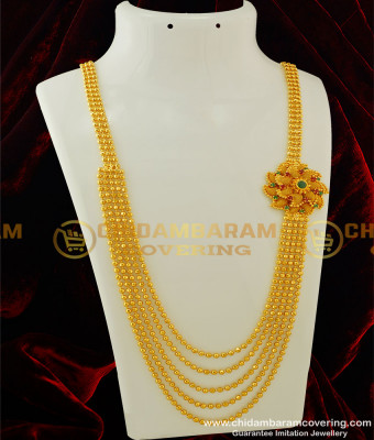 HRM253 - Beautiful Five Line Gold Beads Gundla Mala with Flower Design Stone Pendant Haram Design Online