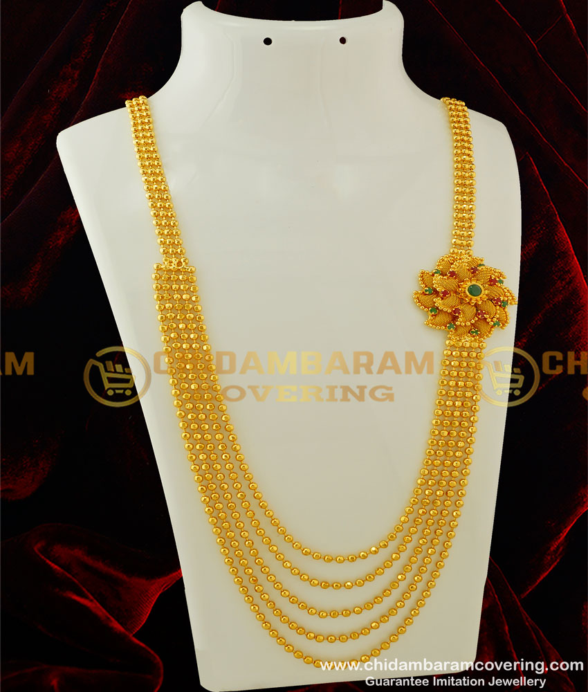 HRM253 - Beautiful Five Line Gold Beads Gundla Mala with Flower Design Stone Pendant Haram Design Online