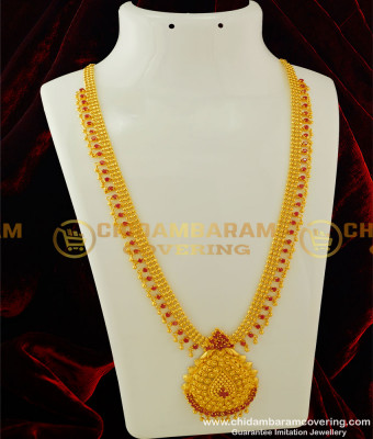 HRM259 - One Gram Gold Full Ruby Stone Long Haram with Hanging Gold Beads Imitation Jewelry Online