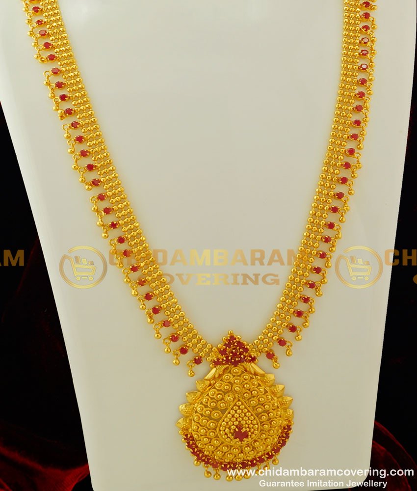 HRM259 - One Gram Gold Full Ruby Stone Long Haram with Hanging Gold Beads Imitation Jewelry Online