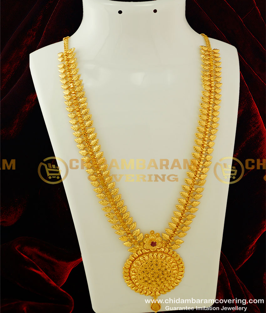 HRM273 - Bridal Wear High Quality Beautiful Look Single Stone Leaf Haram Design Gold Plated Jewellery Online