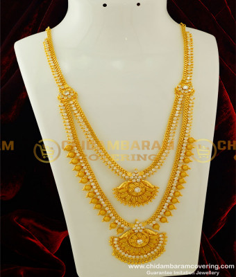 HRM274 - Grand Look AD Stone Haram Attached Necklace Double Layer Bridal Wear Haram Buy Online 