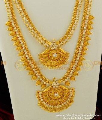 HRM274 - Grand Look AD Stone Haram Attached Necklace Double Layer Bridal Wear Haram Buy Online 