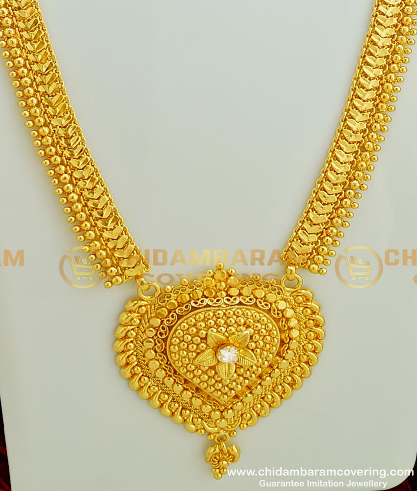 HRM288 - High Quality Beautiful Look Single Stone Heart Design Gold Long Haram Online