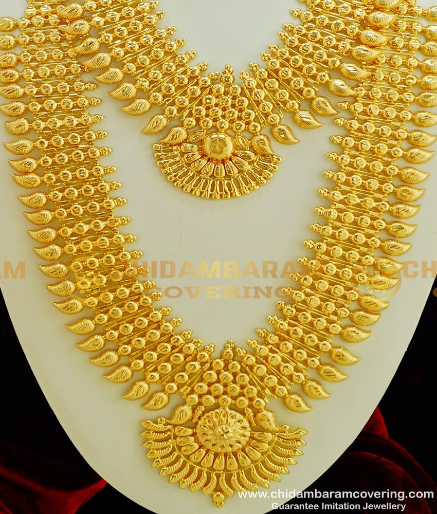 HRM306 - Kerala Traditional Wedding Jewellery Gold Plated Broad Long Mango Haram Necklace Combo Set 