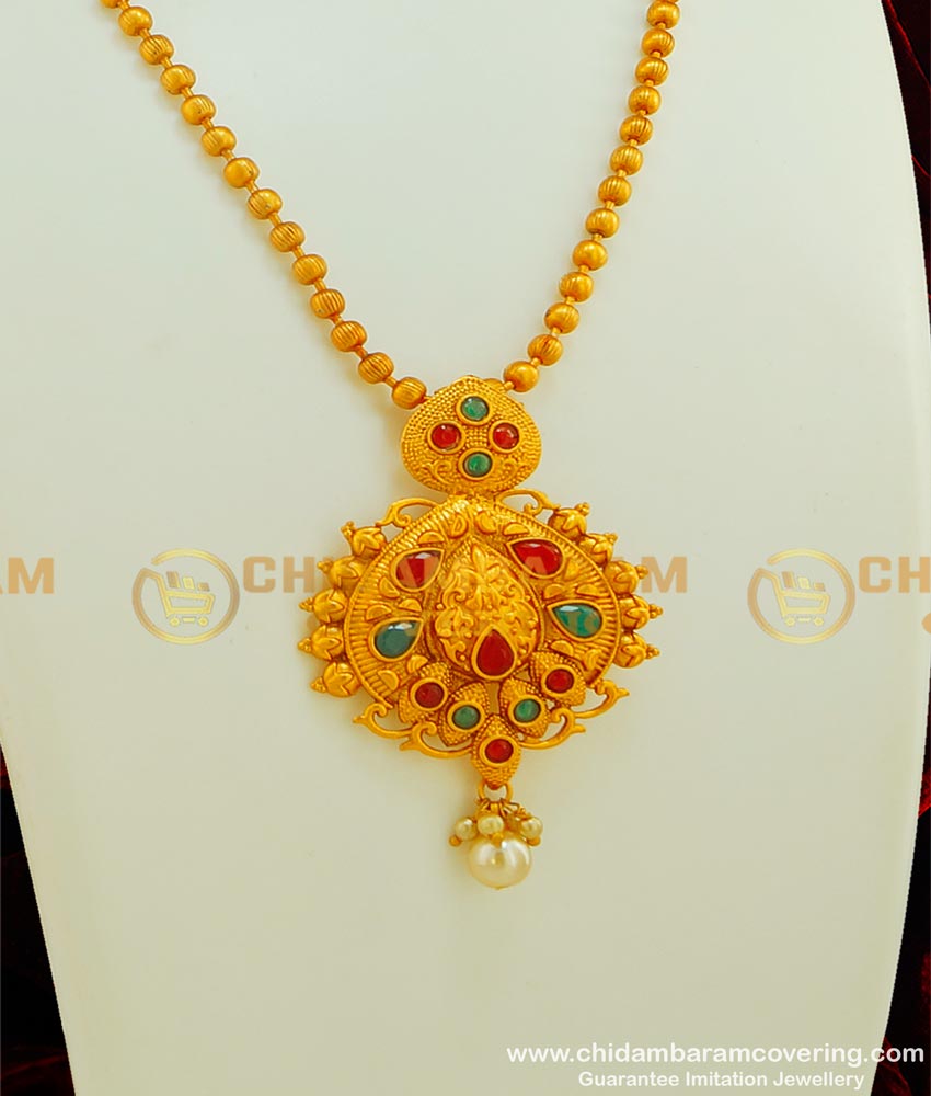 HRM309 - Latest Matte Finish Kemp Stone Pendant Temple Haram Design Buy Online