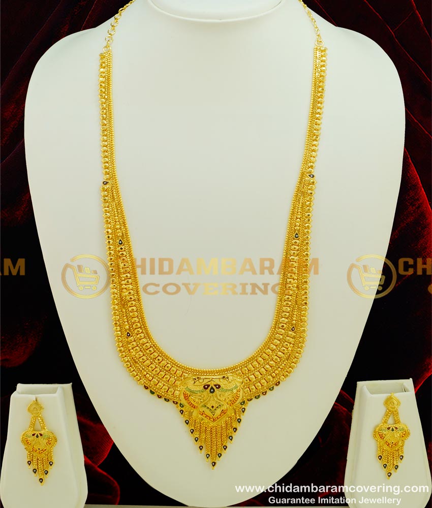 Hrm321 - First Quality Marriage Bridal Gold Haram Design Forming Gold Plated Enamel Broad Long Haram Set 