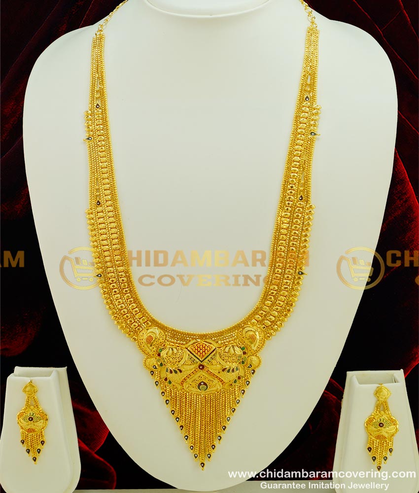 Hrm322 - Real Gold Design Latest Wedding Calcutta Enamel Gold Forming Heavy Haram with Earring Set for Bride