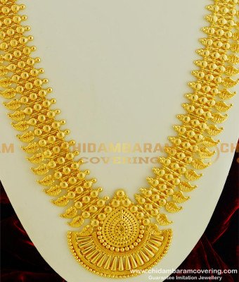 HRM327 - Kerala Jewelry Light Weight Designer Broad Mango Bridal Long Haram Design Gold Plated Jewellery