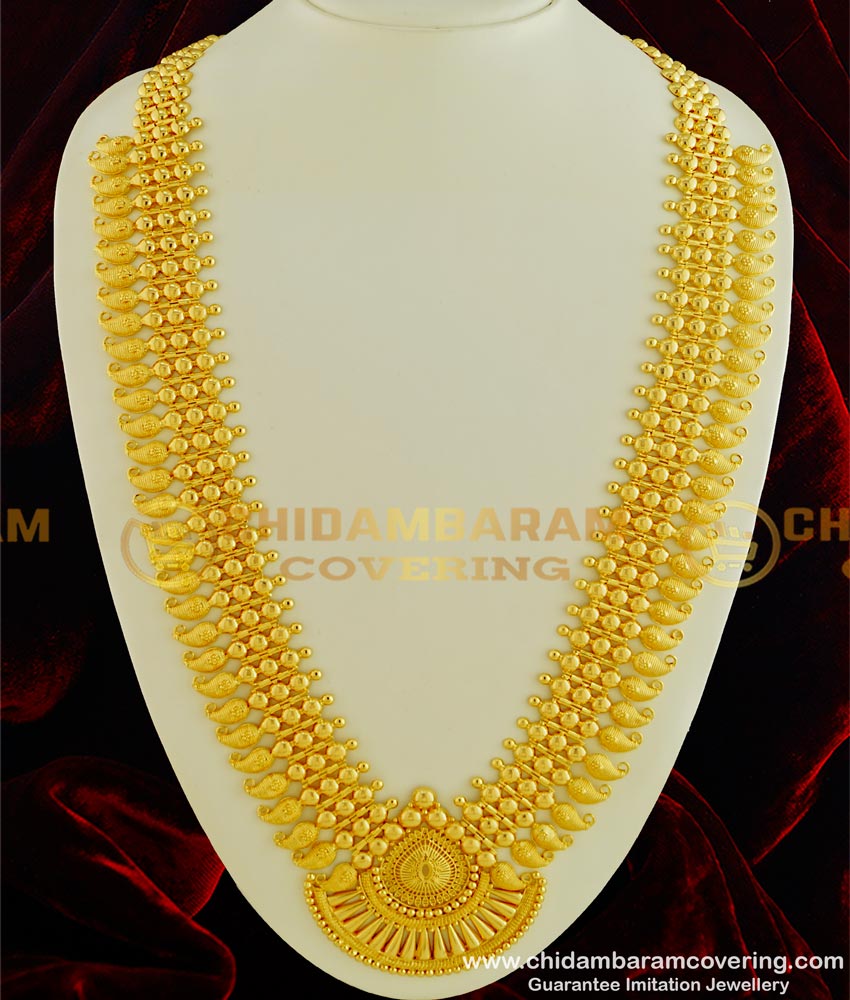 HRM328 - Attractive Broad Three Line Gold Beads Designer Mango Haram Kerala Jewelry Long Haram 