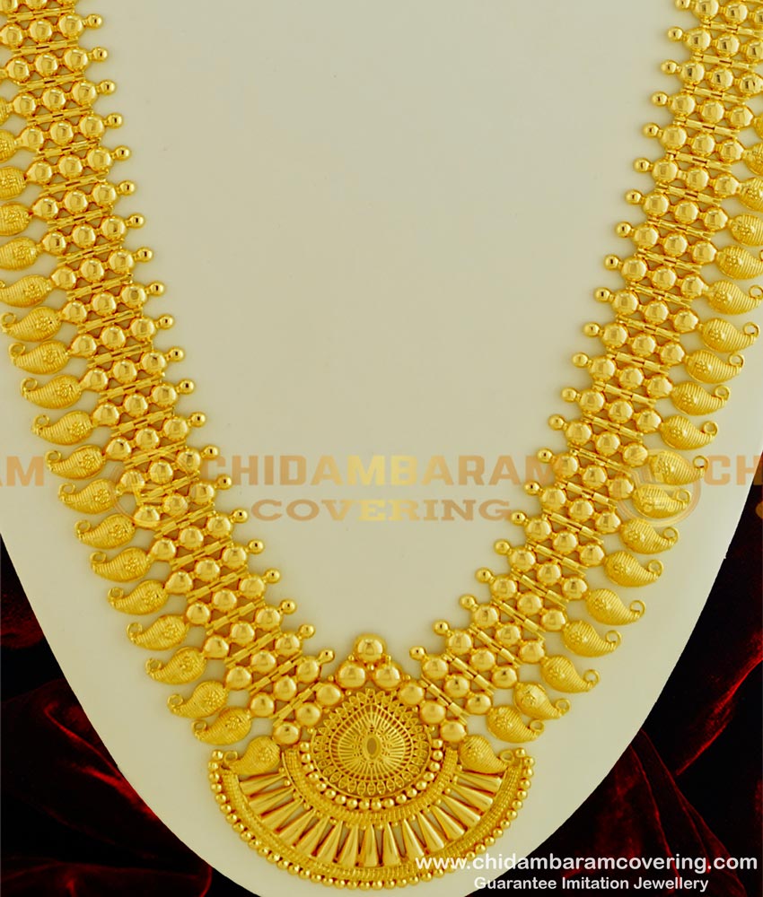 HRM328 - Attractive Broad Three Line Gold Beads Designer Mango Haram Kerala Jewelry Long Haram 