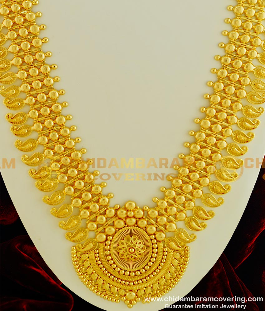 HRM329 - Elegant Traditional Kerala Jewellery Broad Big Dollar Mango Long Bridal Gold Plated Haram Online
