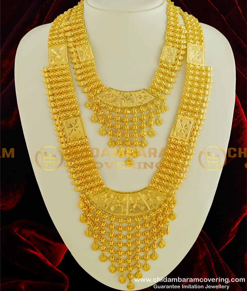 HRM332 - Kerala Wedding Gold Jewellery Collection Gold Plated Net Pattern Long Haram Necklace Combo Set