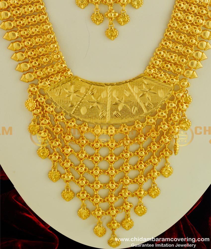 HRM332 - Kerala Wedding Gold Jewellery Collection Gold Plated Net Pattern Long Haram Necklace Combo Set