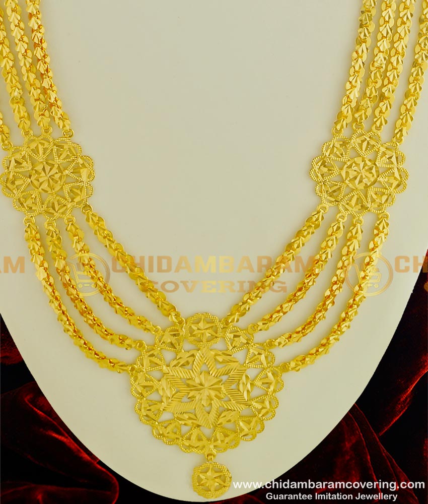 HRM336 - Beautiful Gold Design Four Line Flower Design Governor Malai Guarantee Haram Online