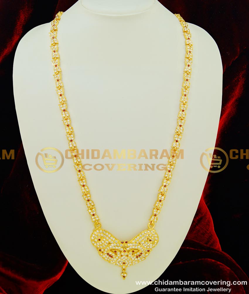 HRM342 - Traditional Impon Gold Plated Full AD Stone Peacock Design 30 Inches Long Haram for Wedding