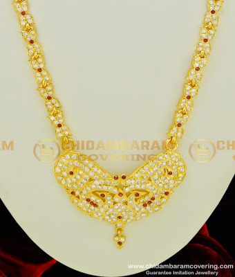 HRM342 - Traditional Impon Gold Plated Full AD Stone Peacock Design 30 Inches Long Haram for Wedding