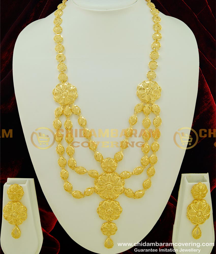 HRM345 - Latest Dubai Jewellery First Quality Gold Design Layered Haram with Earring Set Online