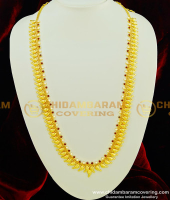 HRM356 - Traditional Ruby Stone and White Stone Mango Long Haram Design Gold Paled Jewellery