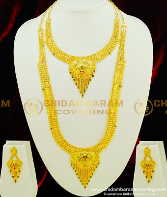 HRM363 - Gold Forming Haram Enamel Design Broad Haram with Necklace Earring Semi Bridal Haram Set