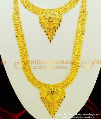 HRM363 - Gold Forming Haram Enamel Design Broad Haram with Necklace Earring Semi Bridal Haram Set