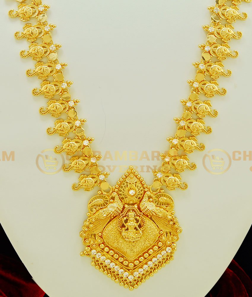 HRM396 - Latest Kerala Haram Full Hand Work Lakshmi Peacock Design Dollar With Vinayagar Face Long Stone Haram 