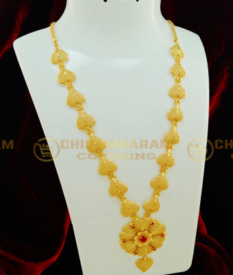HRM397 - Kerala Bridal Light Weight Ruby Stone Heart Shape Flower Design Simple Gold Haram Collections Online