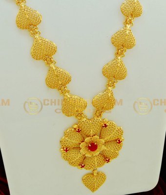 HRM397 - Kerala Bridal Light Weight Ruby Stone Heart Shape Flower Design Simple Gold Haram Collections Online