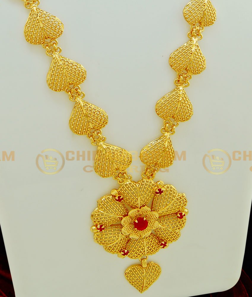 HRM397 - Kerala Bridal Light Weight Ruby Stone Heart Shape Flower Design Simple Gold Haram Collections Online