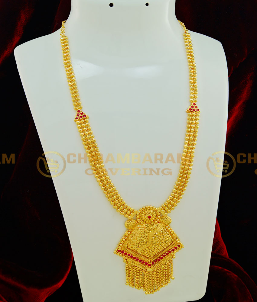 HRM400 - Gold Design Beautiful Kerala Haram Collection Ruby Stone Gold Type Long Dollar with Gold Balls Heavy Haram for Marriage 