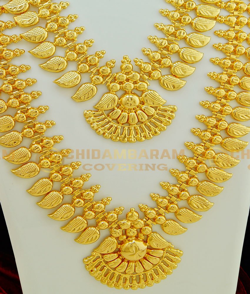 HRM401 - Kerala Wedding Jewellery Light Weight 18 Mango 2 Line Gold Beads Mini Haram Kerala Haram Necklace Combo Set