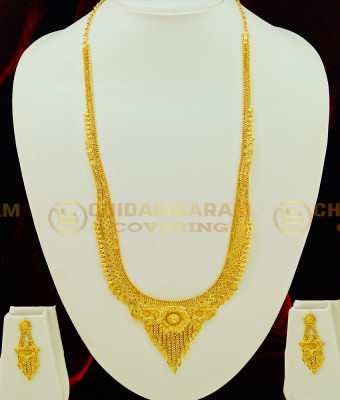 HRM409 - latest Plain gold Haram design attractive flower model Calcutta Design Bridal Gold Forming Haram with Earring Set 