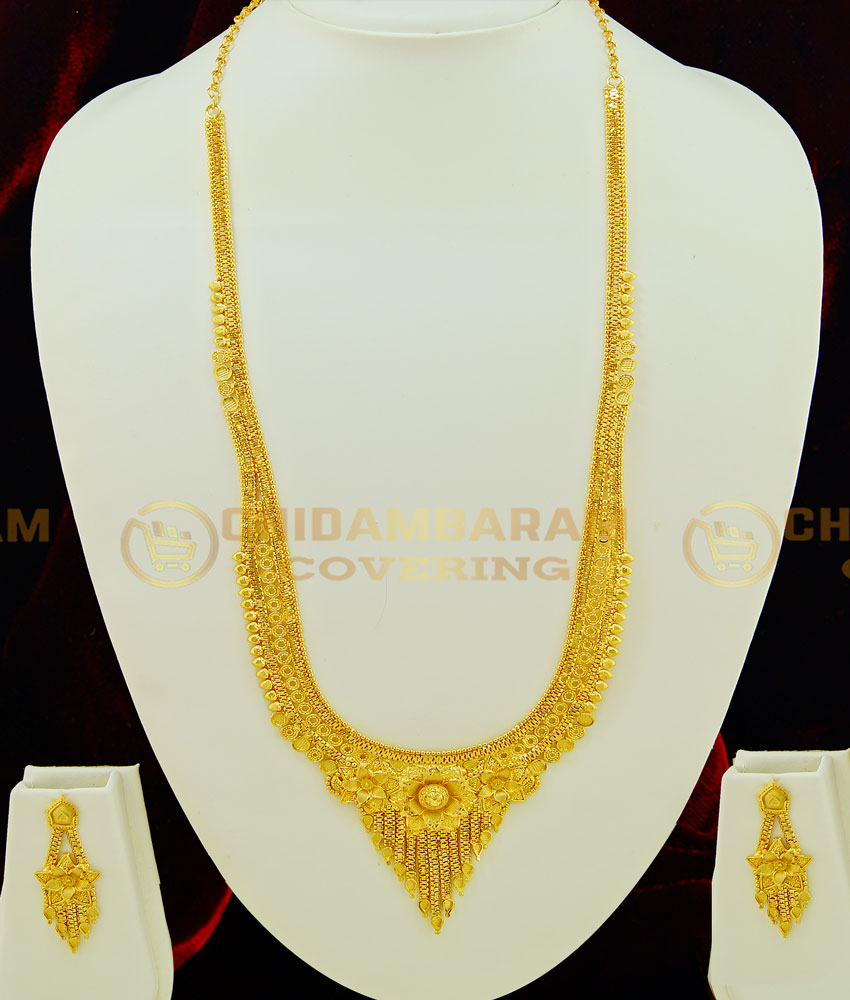 HRM409 - latest Plain gold Haram design attractive flower model Calcutta Design Bridal Gold Forming Haram with Earring Set 