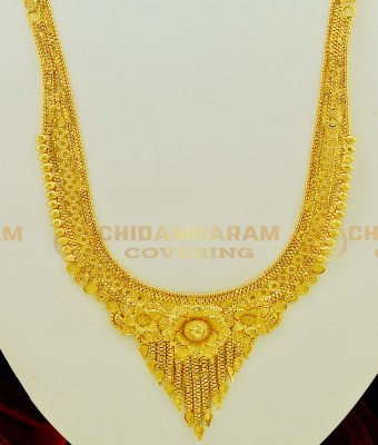 HRM409 - latest Plain gold Haram design attractive flower model Calcutta Design Bridal Gold Forming Haram with Earring Set 
